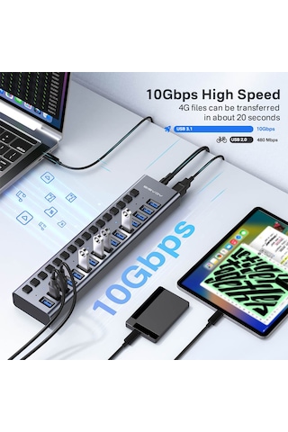 Acasis HS716 16xUSB 3.1HUB 10Gbps Anahtarlı Adaptörlü