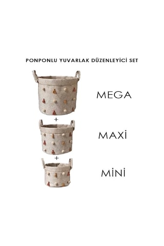 Katlanabilir Çok Amaçlı Ponponlu Yuvarlak Düzenleyici Saklama Kutusu Organizer Keçe Mini Boy - 03785 Lisinya Çok Renkli