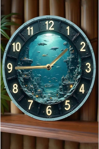 Derin Mavi Atlantis Zamanı 3d Duvar Saati Sdw262 Renkli
