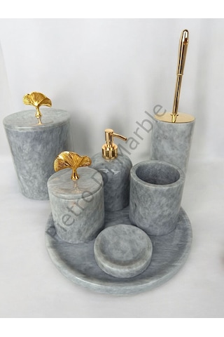 Gri Mermer Klasik Model 7 Parça Gold Renk Japon Gülü Aksesuarlı Banyo Seti Gri