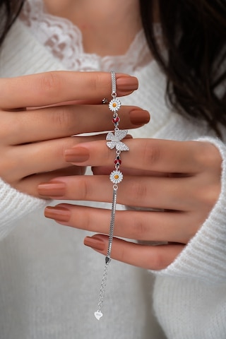 Papatya Silver Kelebek Papatya Uğur Böceği Renkli Mineli Rodyum Kaplama 925 Ayar Gümüş Bileklik - UVPS200153