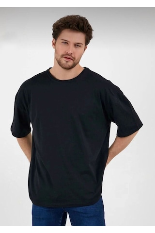 Erkek Oversize Pamuklu Bisiklet Yaka Kısa Kollu T-shirt SIYAH