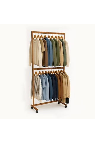 Ayaklı Askı Ahşap Elbise Askısı 2 Katlı Askılık 5870