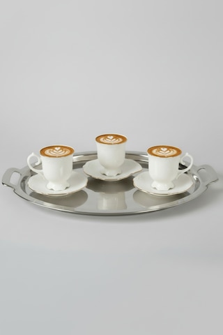 6 Kişilik Altın Yaldızlı Bone Napoli Porselen Çay Fincan Takımı 12 Parça Beyaz