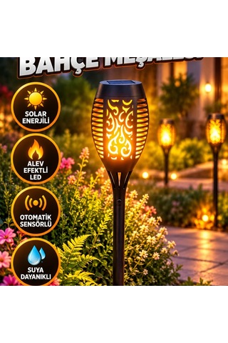 Solar Bahçe Meşalesi Alev Efektli Led, Otomatik Sensörlü Ve Suya Dayanıklı Dış Mekan Lambası