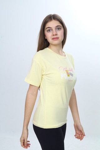 Toontoy Kids Toontoy Kız Çocuk Bisiklet Yaka Düşük Omuz Kısa Kollu Baskılı Tişört 24971 Açık Sarı
