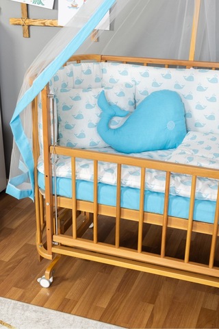 Ahşap Beşik Anne Yanı Beşik Doğal Vernikli 60x120 Mavi Balina Uyku Seti Yatak Tekerlekli Ahşap