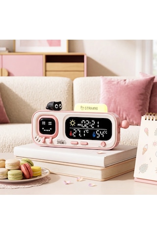 Atuman Mood-a Akıllı Termometre Higrometre Saat Retro Piksel Ekranlı Sıcaklık Nem Ölçer, Usb Şarjlı Masaüstü Akıllı Oda Monitörü, Animasyonlu Dekoratif Ev & Ofis Cihazı Hediyelik Süs Pembe