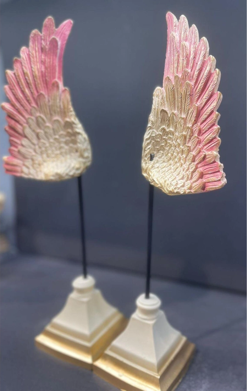 Dekoratif Polyester Ikili Melek Kanatları Biblo Krem Pembe Gold Eskitme
