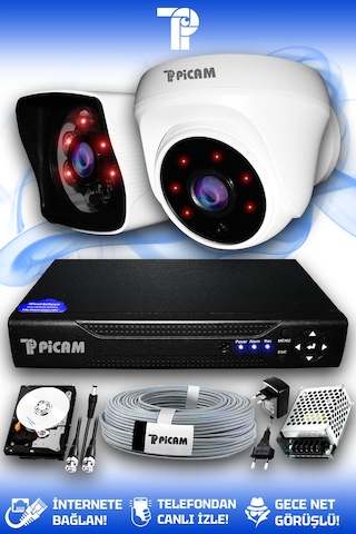 Picam 2 Kameralı Kare 1 İç Kamera Set 320 GB HDD Full HD Gece Görüşlü Güvenlik Kamerası Sistemi