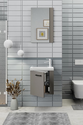 Biani Minila 45 cm Banyo Dolabı,Seramik Lavabolu, Aynalı,Lavabo Dahil,Mdf,Latte