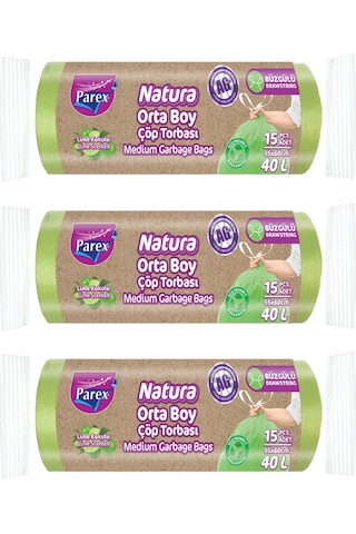 Natura Büzgülü Çöp Torbası 15'li Orta Boy 55 X 60 Cm Üçlü Paket
