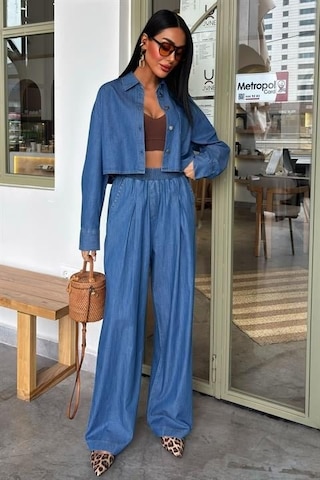 Denim Gömlek Plazzo Pantolon Takım 10163-08 Deni M