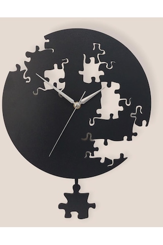 Cajuart Siyah Puzzle Desenli Modern Sallanan Sarkaçlı Duvar Saati Siyah