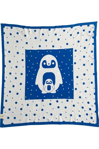 Organik Triko Bebek Örtüsü, Penguen 80x90 , Mavi