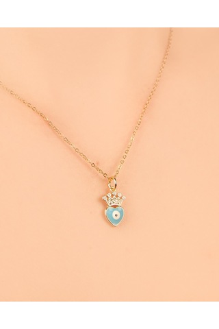 Kadın Kararmaz Çelik Takı Nazar Boncuklu Kalp Zirkon Taç Kolye Altın