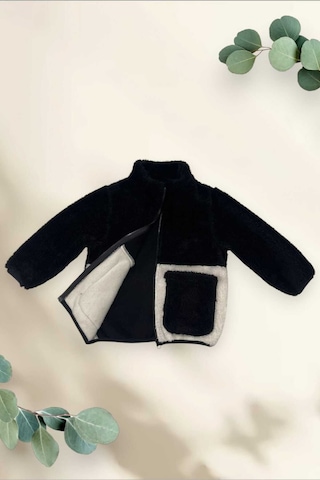Erkek Çocuk Peluş Siyah Ekru Cepli Fermuarlı Welsoft Kışlık Mont Siyah