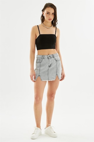 Kadın Pileli Yırtmaçlı Yüksek Bel Mini Kot Etek Antrasit-antrasit Antrasit