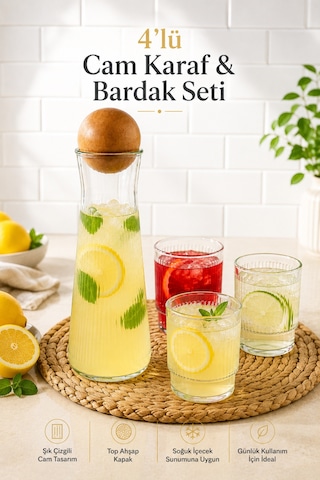 4'lü Cam Karaf & Bardak Seti - Top Kapaklı Limonata Meşrubat Meyve Suyu Servis Sunum Seti