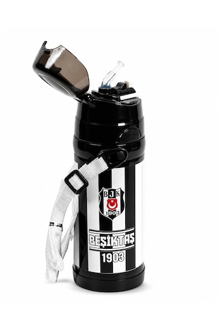 Beşiktaş Lisanslı Silikon Pipetli Çelik Matara - Çubuklu Desenli Paslanmaz Su Matarası 425 ML