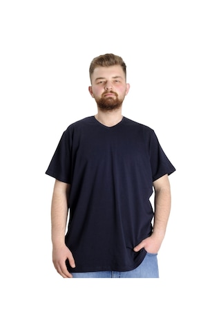 Mode Xl Büyük Beden T-Shirt V Yaka Likralı 20150 Lacivert 001