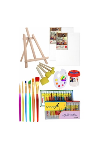 Mini Şövale 25x35 2 Li Tuval Fanart 12 Renk Akrilik Boya Başlangıç Seti Fırça Palet Ponpon Su Kabı Masaüstü Sanatsal