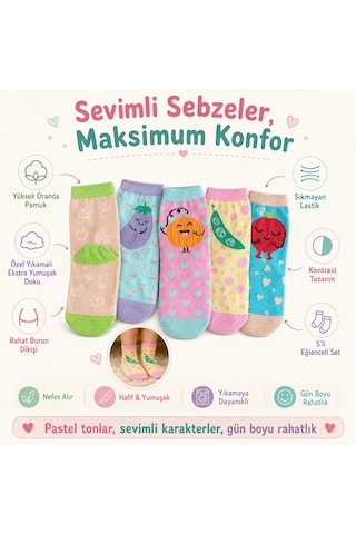 5 Li Sebze Desenli Çocuk Çorap Seti Yüksek Pamuklu Rahat Burunlu Sıkmayan Lastikli Çok Renkli