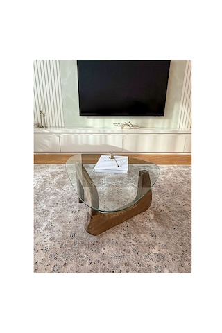 Orta Sehpa - Ceviz Renkli Asimetrik Model 90x65 Cm Temperli Cam Ahşap