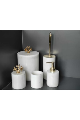 Beyaz Mermer Gold Mercan Aksesuarlı 5'li Banyo Seti Beyaz