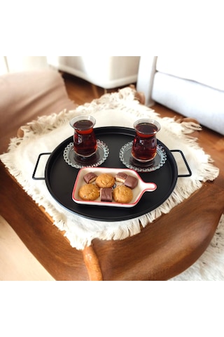 Tepsi Seti Metal Siyah Kulplu Metal Çay Tepsisi Kahve Tepsisi .