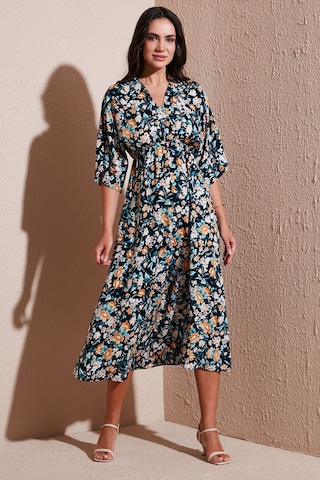 Lela Regular Fit V Yaka Desenli Midi Boy Bayan Elbise 67810573 Lacivert