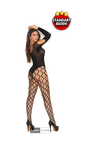 Opak Korseli Uzun Kollu Dekolteli Yonca Desen Çorap Detaylı Siyah Kadın Fantezi Vücut Çorabı Siyah