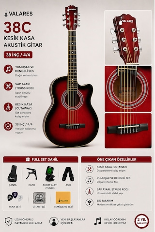 Valares 38c Kesik Kasa Rds Akustik Gitar 38 İnç 4/4 Yetişkin Üst Segment Çanta Capo Askı Pena