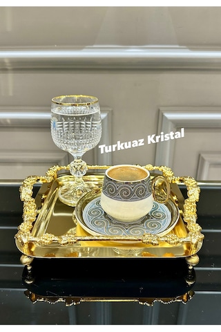 Kosova 2 Kişilik Porselen Zeugma Model Kahve Fincan Takımı Seti Gold