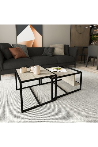 Batı 2 Li Modern Orta Sehpa Takımı Metal Ayaklı, Alt Raflı Traverten