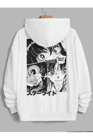 Startmore Adrift Unisex Kadın/erkek Beyaz Anime Out Baskılı Oversize Kapüşonlu Sweatshirt Beyaz