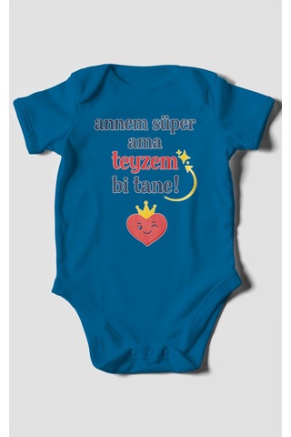 Morivokids Annem Süper Ama Teyzem Bi Tane Kısa Kollu Bebek Body %100 Pamuk Koyu Mavi