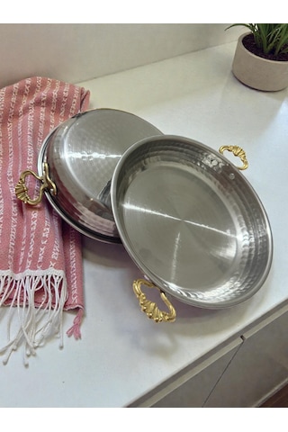 2 Li Krom Sahan Tavası Seti Gold Kulplu Dayanıklı Ve Şık Tasarım 21 Cm Gümüş