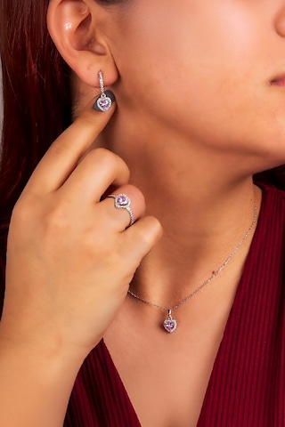 925 Ayar Gümüş Rodyumlu Pembe Taşlı Kalp Bayan Takı Seti -8227 Gümüş