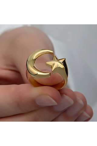 Hedivio 925 Ayar Gümüş Gold Ay Yıldız Kadın Yüzük