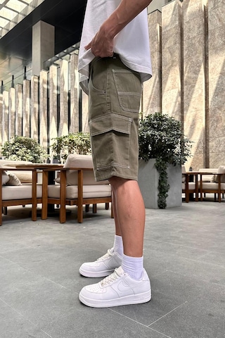Haki Kargo Cepli Beyaz Ters Dikişli Dl Baggy Kot Şort Haki