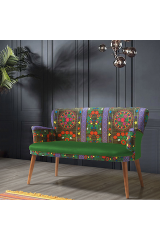 Azra Mobilya - Roma Çay Seti Koltuk Takımı - Etnik Desen Kumaş - Ahşap Demonte Ayak Etnik Desen - Yeşil