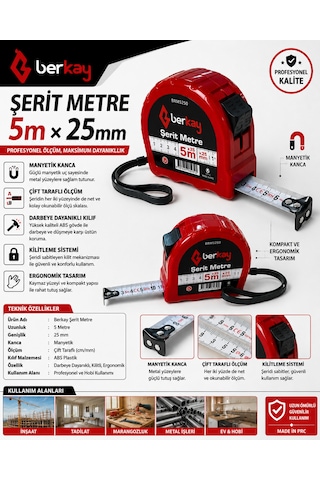 Berkay Şerit Metre 5 M 25 Mm Manyetik Kanca, Çift Taraflı Ölçüm, Darbeye Dayanıklı Kılıf