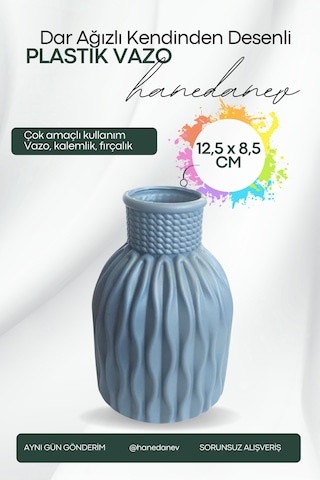 Kendinden Desenli Dar Ağızlı Plastik Vazo - Çok Amaçlı Kalemlik Fırçalık Vazo 12,5 X 8,5 Cm Gri