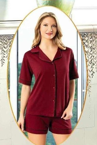 Xses 5025 Kadın Bordo Penye 4'lü Şortlu Sabahlık Gecelik Takım Bordo