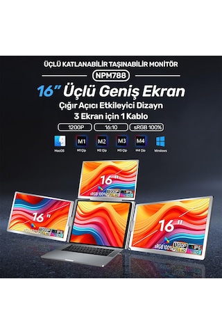 Npo Npm788 16" Fhd 1200p Ips Type-c Taşınabilir 3'lü Monitör Çoklayıcı Standlı Notebook Monitör