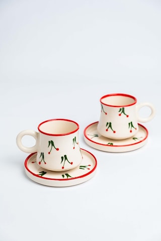 2 Li Takım Kirazlı Desenli El Yapımı Kazan Seramik Kahve Fincanı, Kahve Fincanı Beyaz