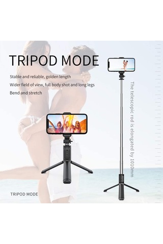 Springsun Kompakt 3'lü Bluetooth Selfie Çubuğu, Tripod Ve Kablosuz Kumanda İle, 101 Cm Uzunluk, 245 Döner Kafa, Siyah