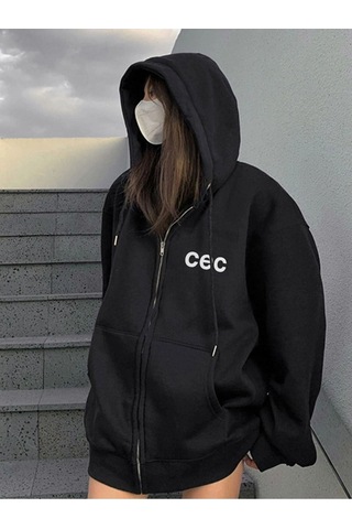 Siyah Baskılı Oversize Kapüşonlu Hırka Siyah