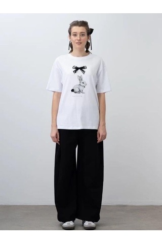 Zekids Kız Çocuk Tavşan Baskılı Oversize Tasarım Tshirt-15538 Ekru